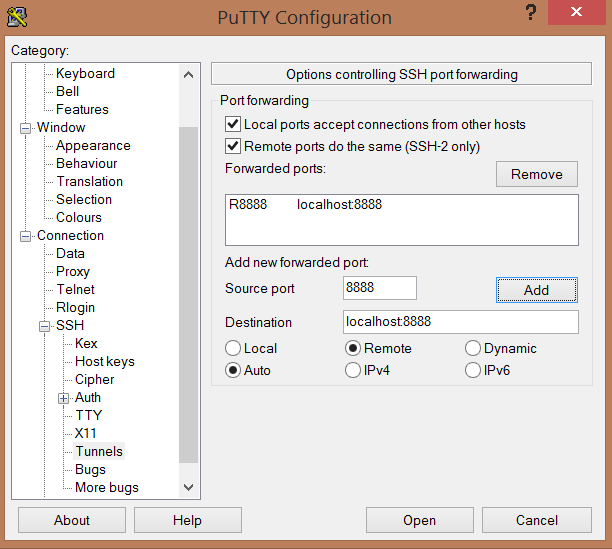 PuTTY configuration with the boxes checked