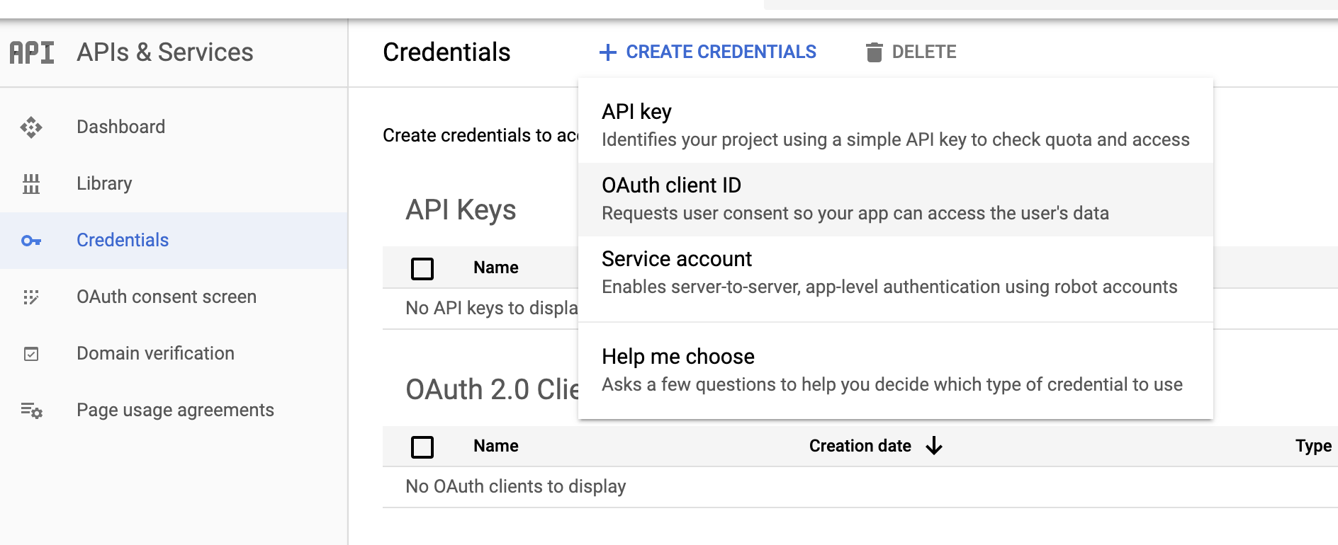 Google APIs Create Credentials
